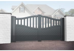 3.0m Wide Aluminium Double Swing Driveway Gate With Diagonal Infill And Partial Privacy