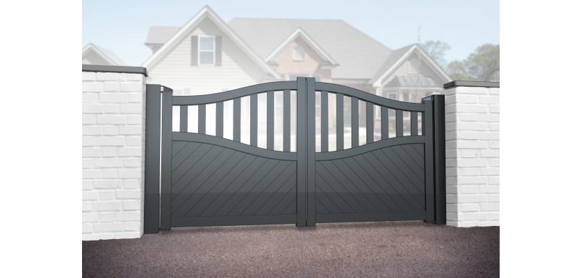 Grey 3.5m Wide Aluminium Double Swing Driveway Gate With Diagonal Infill And Partial Privacy