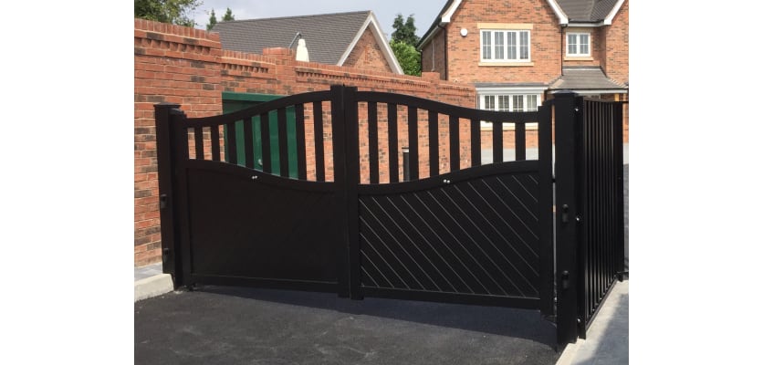 Black 3.5m Wide Aluminium Double Swing Driveway Gate With Diagonal Infill And Partial Privacy