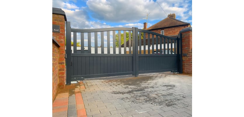 Grey 3.25m Wide Aluminium Double Swing Driveway Gate With Larger Partial Privacy Section