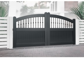  3.5m Wide Aluminium Double Swing Driveway Gate In Black Executive Style With Partial Privacy