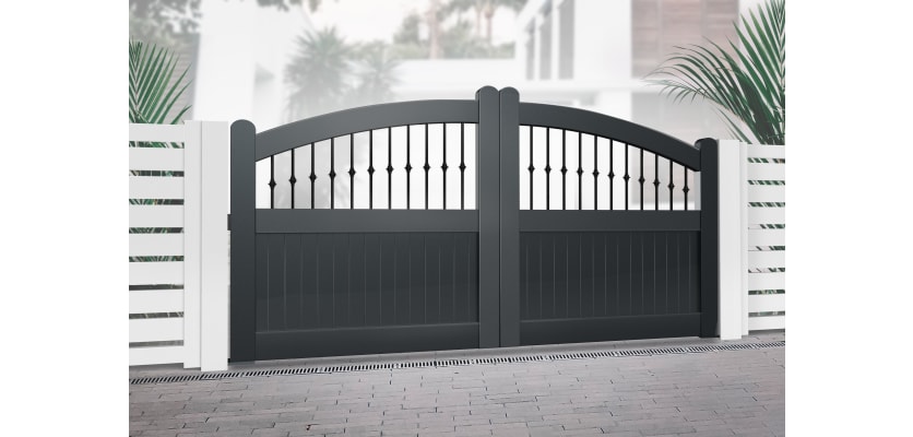3.5m Wide Aluminium Double Swing Driveway Gate In Black Executive Style With Partial Privacy
