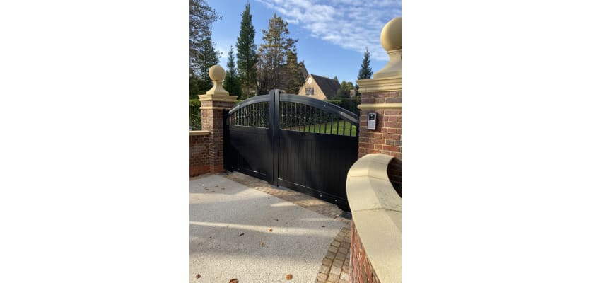 3.75m Wide Aluminium Double Swing Driveway Gate In Black Executive Style With Partial Privacy