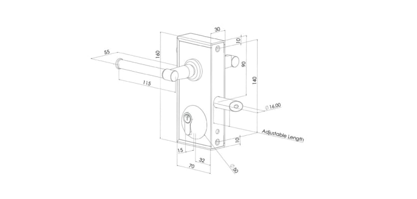 technical drawing of a latch deadlock with plain handles 