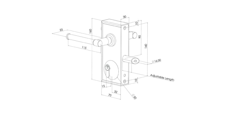 Technical Drawing of Latch Deadlock with Flat Handle 