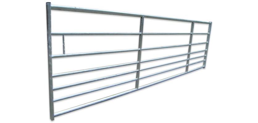 Angled view of the 7 bar galvanised steel farm gate leaf