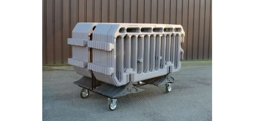 Crowd Control Barrier Trolley With Castor Wheels with plastic barriers attached
