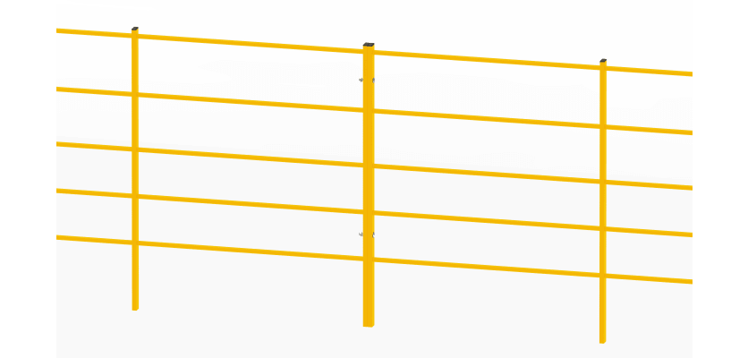 A Row of 1.2m x 2.0m EnviroRail Estate Railings - Yellow Powder Coated Finish