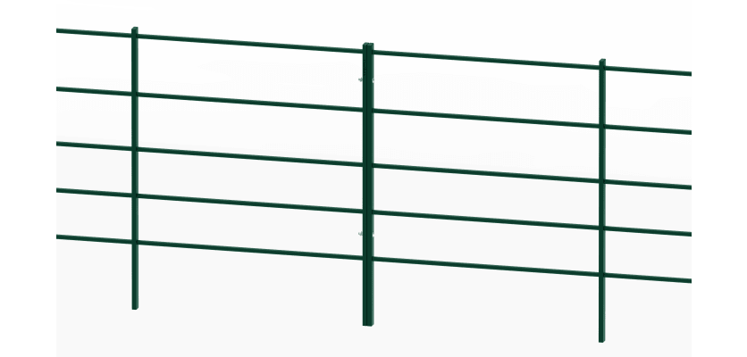 A Row of 1.2m x 2.0m EnviroRail Estate Railings - Green Powder Coated Finish