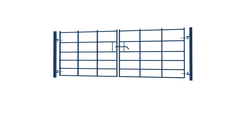 An angled View of a 1.2m x 3.0m double leaf estate gate kit - Blue Finish