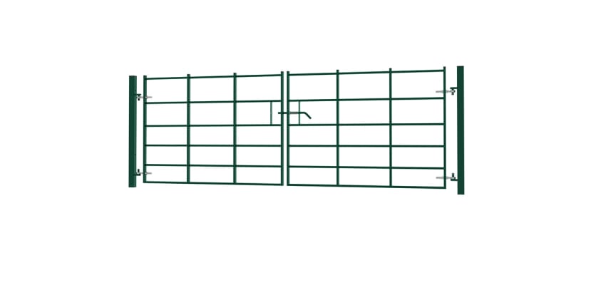 An angled View of a 1.2m x 3.0m double leaf estate gate kit - Green Finish