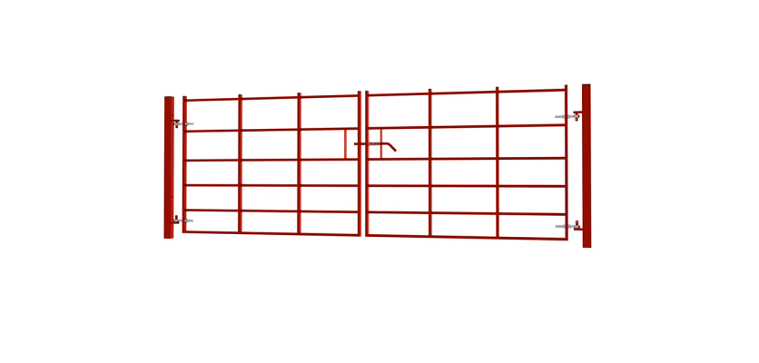 An angled View of a 1.2m x 3.0m double leaf estate gate kit - Red Finish