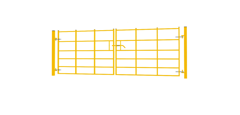 An angled View of a 1.2m x 3.0m double leaf estate gate kit - Yellow Finish