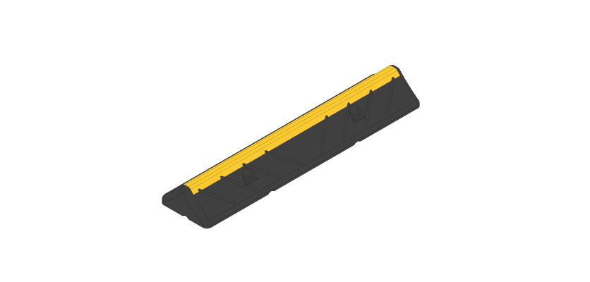 A black wheel stop with a yellow high visibility strip across the top edge