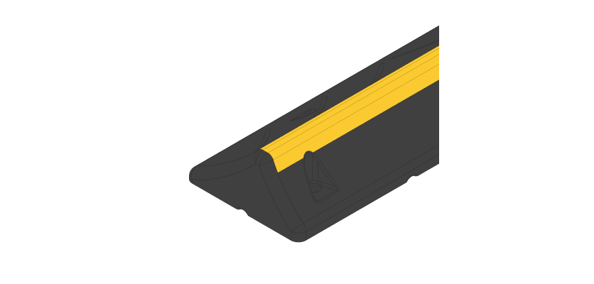 Black wheel stop with yellow reflective flash on the top edge