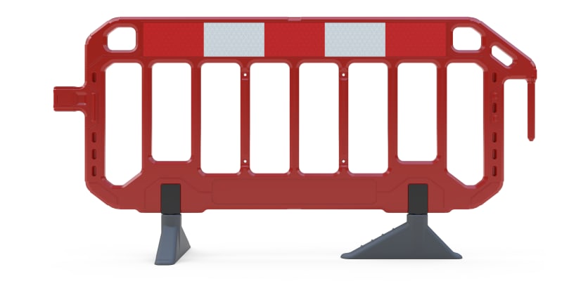 Bright red 2-meter Firmus plastic pedestrian barrier designed for crowd control and safety.