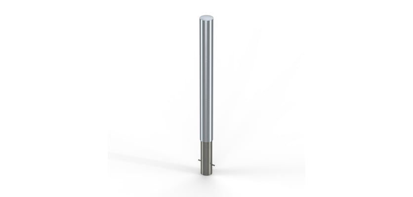 A 1m high stainless steel anti ram bollard with semi dome top, which is fixed into the ground