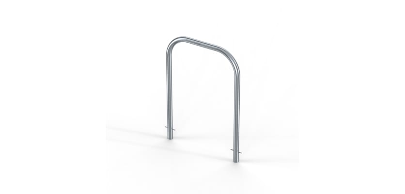 A shiny stainless steel cycle stand which is fixed into the ground 