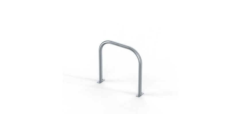 A smooth and shiny, curved stainless steel cycle stand which bolts down to the ground