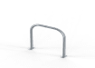 A smooth and shiny, curved stainless steel cycle stand which bolts down to the ground