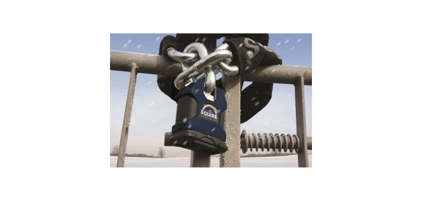Squire SS50CS - Stronghold 50mm Hardened Steel Padlock - Closed Shackle attached to gate 