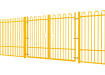 A Yellow EnviroRail® Bow Top Railing Double Leaf Gate installed in row of railings 