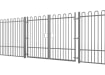 A Grey EnviroRail® Bow Top Railing Double Leaf Gate installed in row of railings 