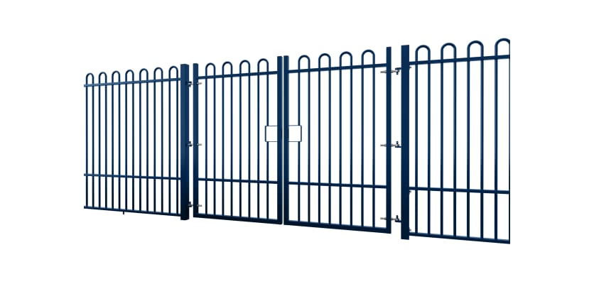 A Blue EnviroRail® Bow Top Railing Double Leaf Gate installed in row of railings 