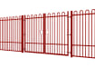A Red EnviroRail® Bow Top Railing Double Leaf Gate installed in row of railings 