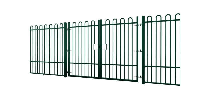 A Green EnviroRail® Bow Top Railing Double Leaf Gate installed in row of railings 