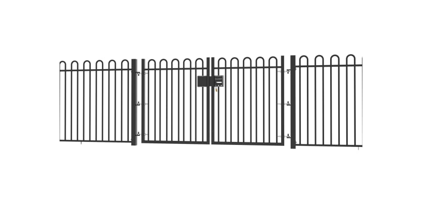 EnviroRail® Bow Top Railing Double Leaf Gate installed in row of railings 