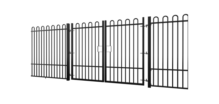 A Black EnviroRail® Bow Top Railing Double Leaf Gate installed in row of railings 