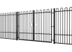 A Black EnviroRail® Bow Top Railing Double Leaf Gate installed in row of railings 