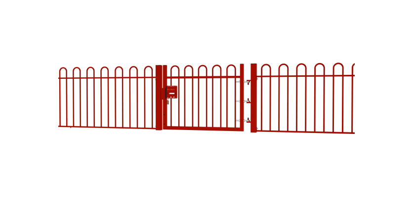 A Red EnviroRail® Bow Top Railing Gate installed in row of railings