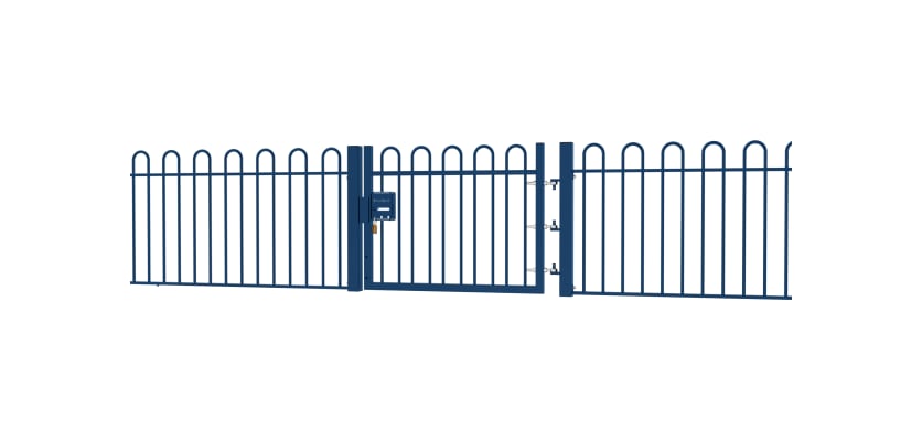 A Blue EnviroRail® Bow Top Railing Gate installed in row of railings