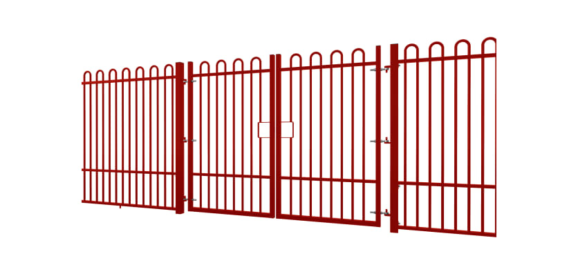 A Red EnviroRail® Bow Top Railing Double Leaf Gate installed in row of railings