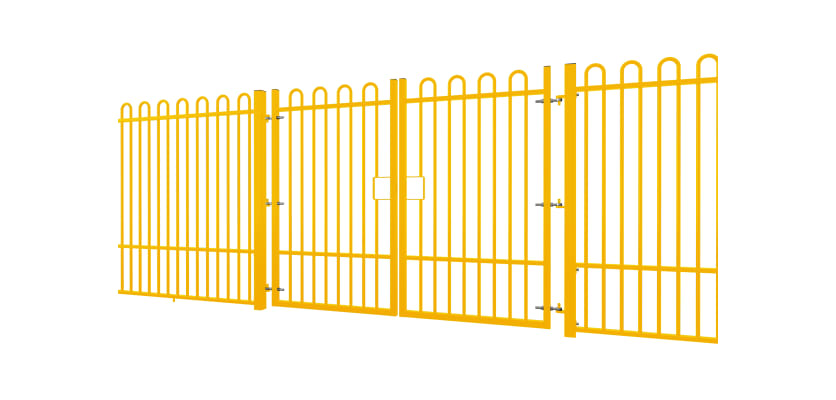 A Yellow EnviroRail® Bow Top Railing Double Leaf Gate installed in row of railings