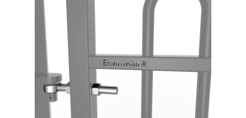 Close up of the EnviroRail® branding on gate - Grey Finish