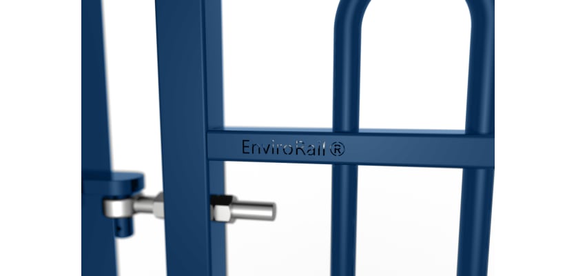 Close up of the EnviroRail® hinge and gate - Blue Finish