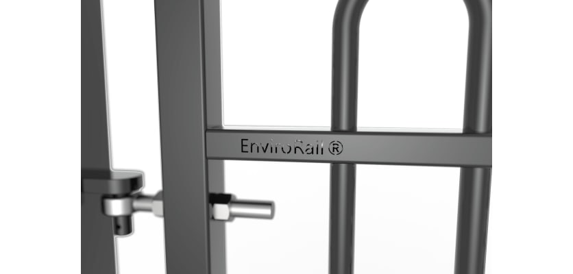 Close up of the EnviroRail® hinge and gate - Grey Finish