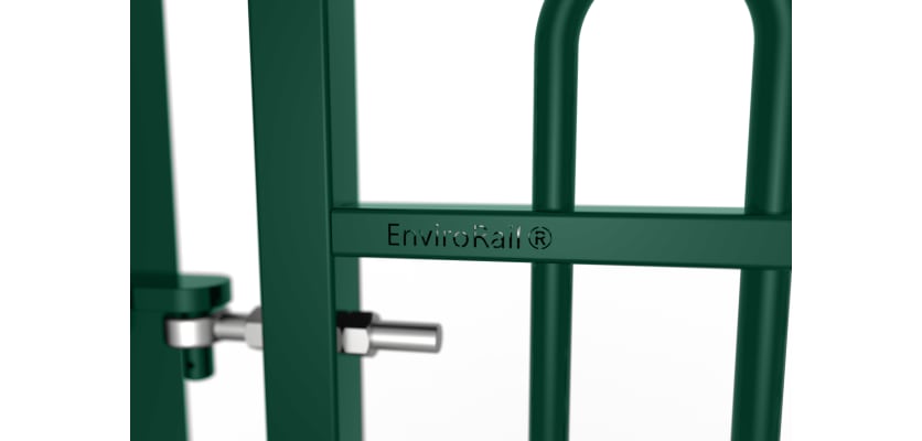 Close up of the EnviroRail® hinge and gate - Green Finish