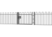 A Grey EnviroRail® Bow Top Railing Gate installed in row of railings