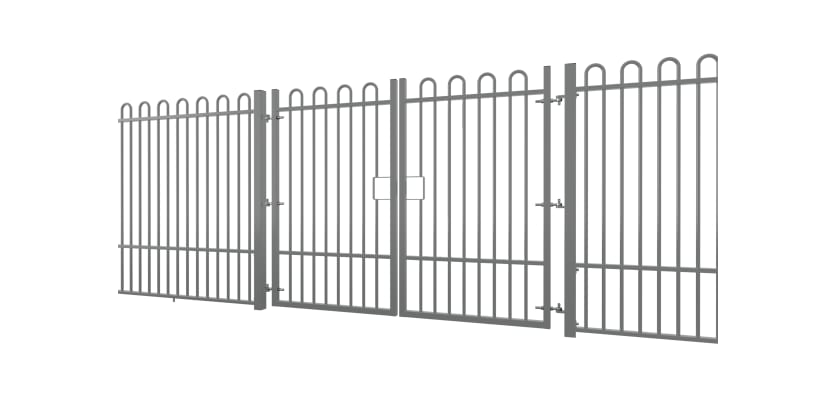A Grey EnviroRail® Bow Top Railing Double Leaf Gate installed in row of railings 
