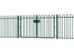 A Green EnviroRail® Bow Top Railing Double Leaf Gate installed in row of railings 
