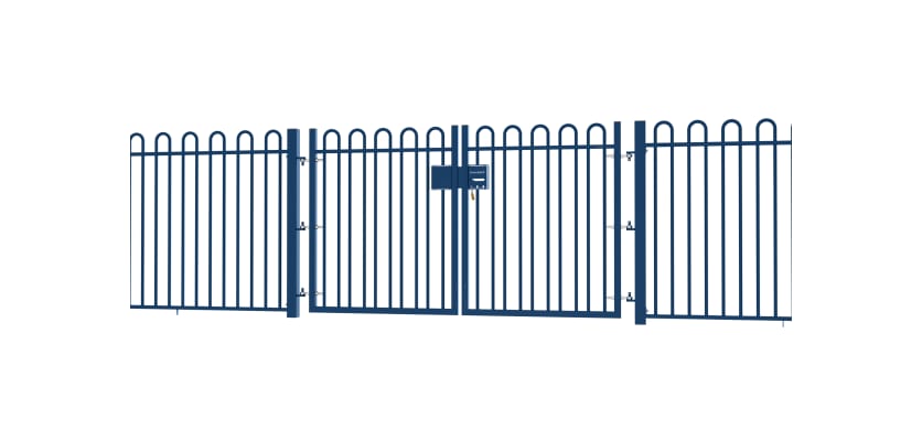 A Blue EnviroRail® Bow Top Railing Double Leaf Gate installed in row of railings 