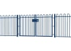 A Blue EnviroRail® Bow Top Railing Double Leaf Gate installed in row of railings 