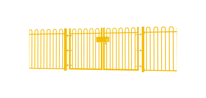 A Yellow EnviroRail® Bow Top Railing Double Leaf Gate installed in row of railings 