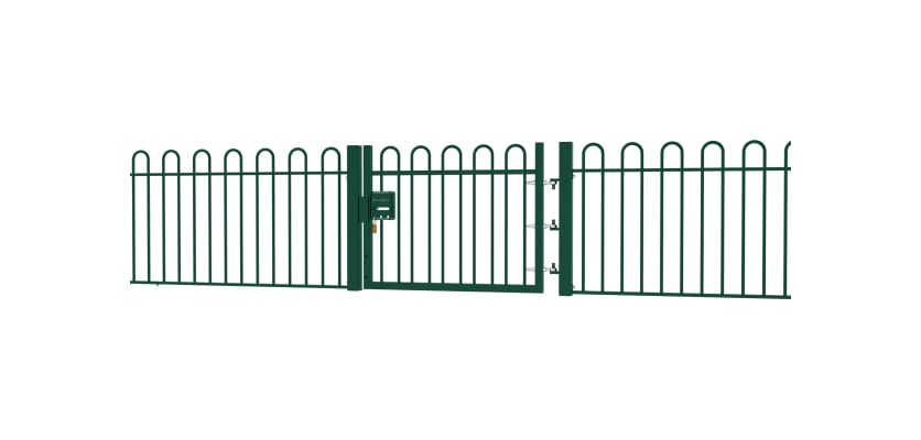 A Green EnviroRail® Bow Top Railing Gate installed in row of railings