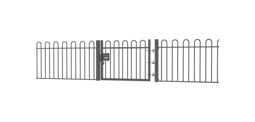 A Grey EnviroRail® Bow Top Railing Gate installed in row of railings