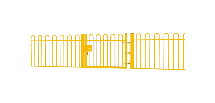 A Yellow EnviroRail® Bow Top Railing Gate installed in row of railings